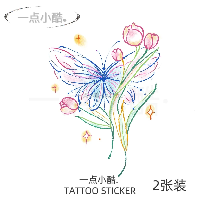 一点小酷. 郁金香蝴蝶 ins风小清新彩色防水逼真手臂女原创纹身贴