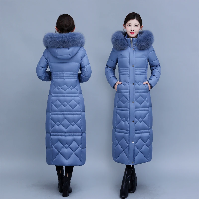 真狐狸大毛领防寒保暖90%白鸭绒到脚踝长过膝加厚超长款羽绒服女