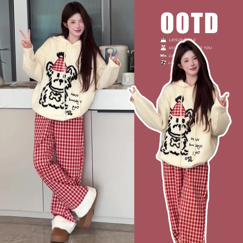 孕妇装秋冬季新款韩版时尚穿搭多巴胺连帽卫衣休闲百搭格子裤秋装