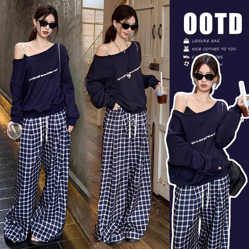 孕妇装早春季新款时髦精致辣妈字母上衣休闲格子阔腿裤两件套春装
