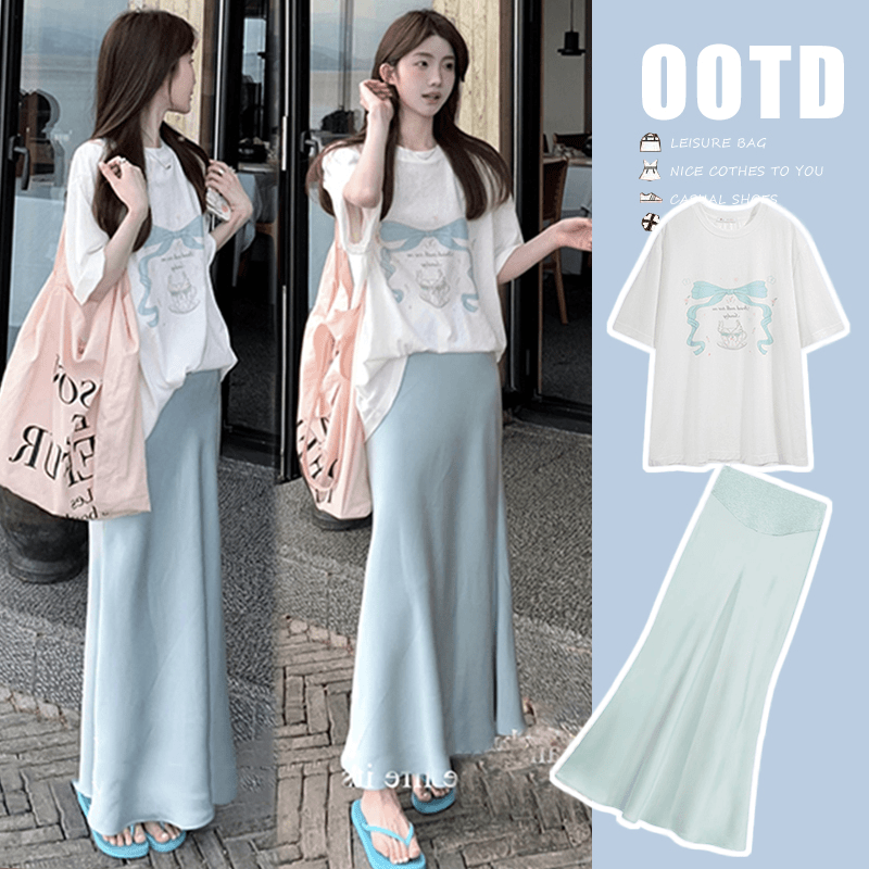 孕妇装女夏款2024新款洋气韩版印花圆领T恤半身裙套装两件套夏装