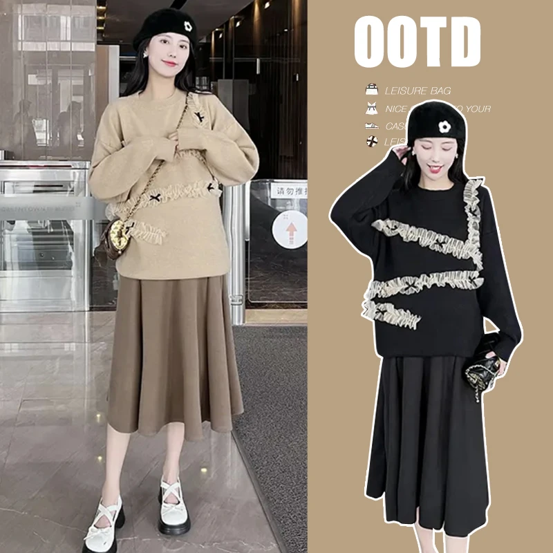 孕妇装秋冬韩版洋气2025爆款气质木耳边上衣针织半身裙两件套秋装
