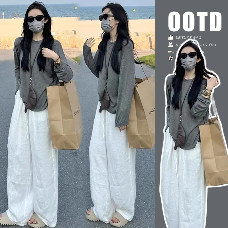 孕妇装女2025潮款春季时髦圆领长袖上衣休闲托腹阔腿裤两件套春装