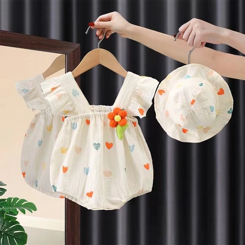 AZB宝宝夏季纱布棉爱心薄款女宝婴儿包屁衣连体衣