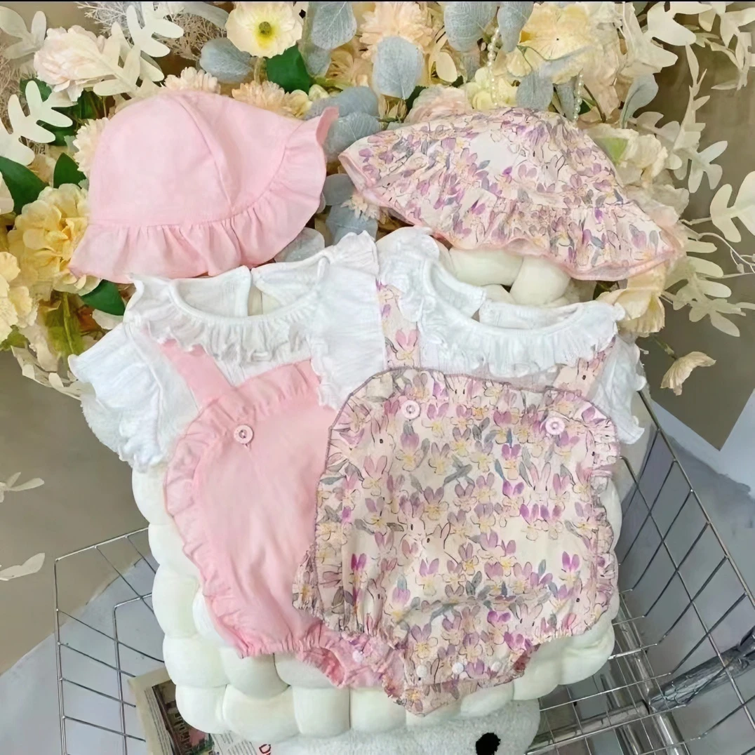 宝宝夏季纯色小兔碎花飞袖上衣+背带裤包屁衣