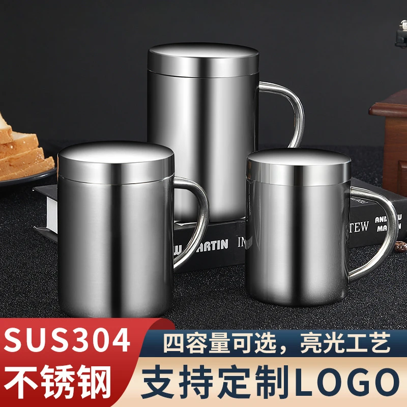 304不锈钢双层马克杯儿童防烫隔热水杯带盖牛奶杯幼儿园创意口杯