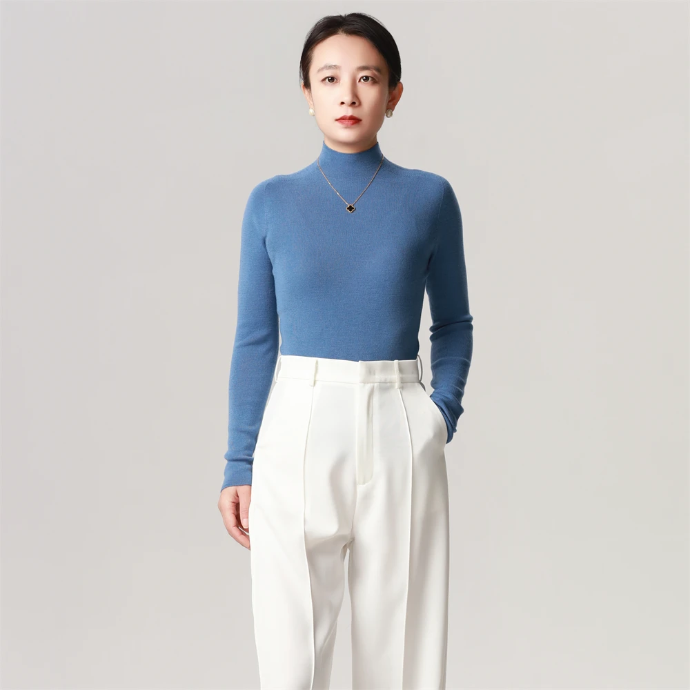 【100%纯精纺羊毛衫】新澳纱线可机洗一线成衣半高无缝长袖针织衫女