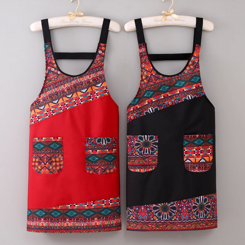 新款防污围裙家用厨房民族风耐穿做饭围腰复古中式成人餐饮工作服