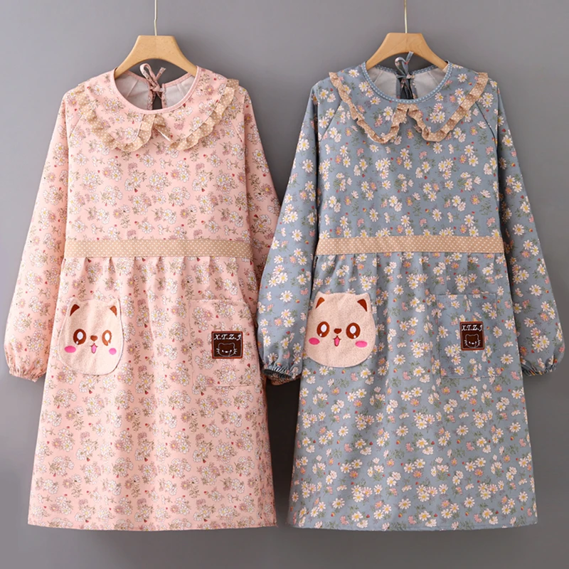 韩版长袖帆布围裙女家用厨房做饭罩衣防污透气餐饮工作服大人围腰