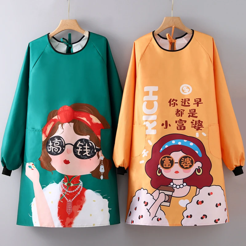 创意长袖家用厨房做饭围腰防水擦手上班工作服女洋气罩衣新款围裙