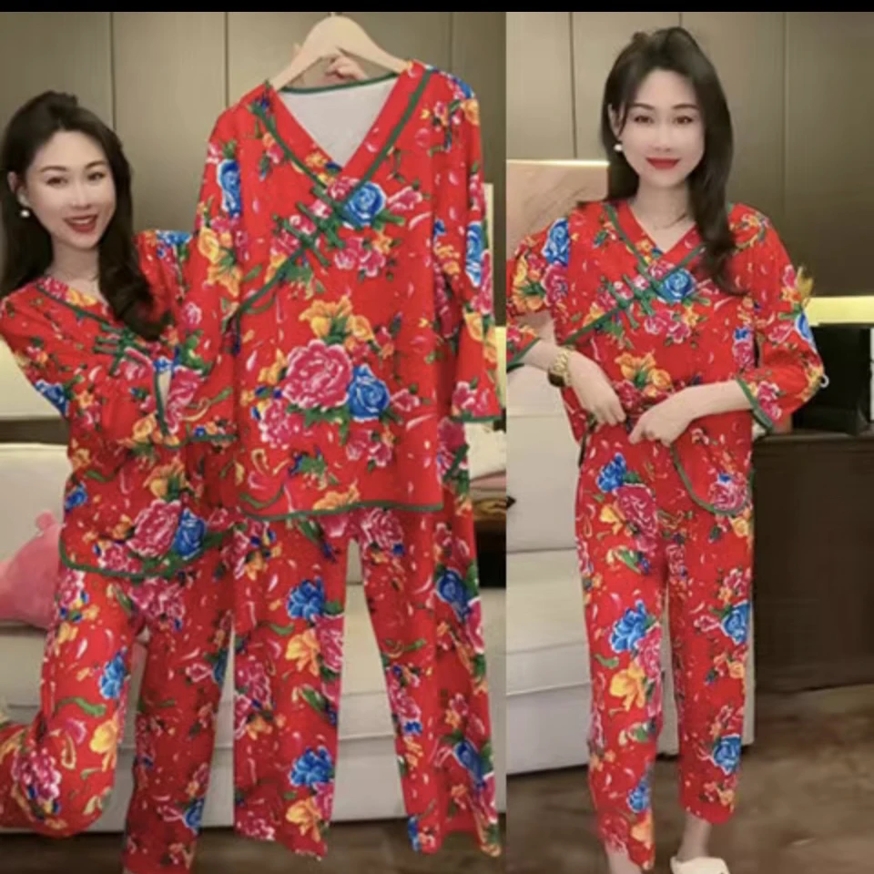 2023网红爆款东北大红花睡衣套装盘扣宽松民族特色家居服两件套
