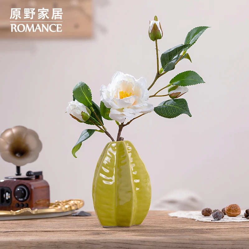 北欧山茶花仿真花假花客厅餐桌上轻奢高档插花装饰摆件