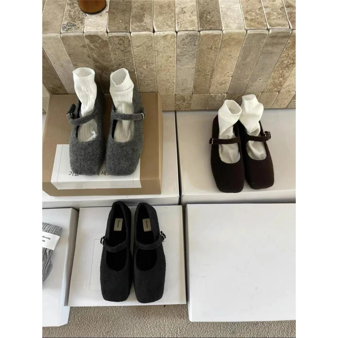 韩版秋冬法式复古灰色玛丽珍棉鞋单鞋平底鞋乐福鞋毛毛鞋女棉鞋子