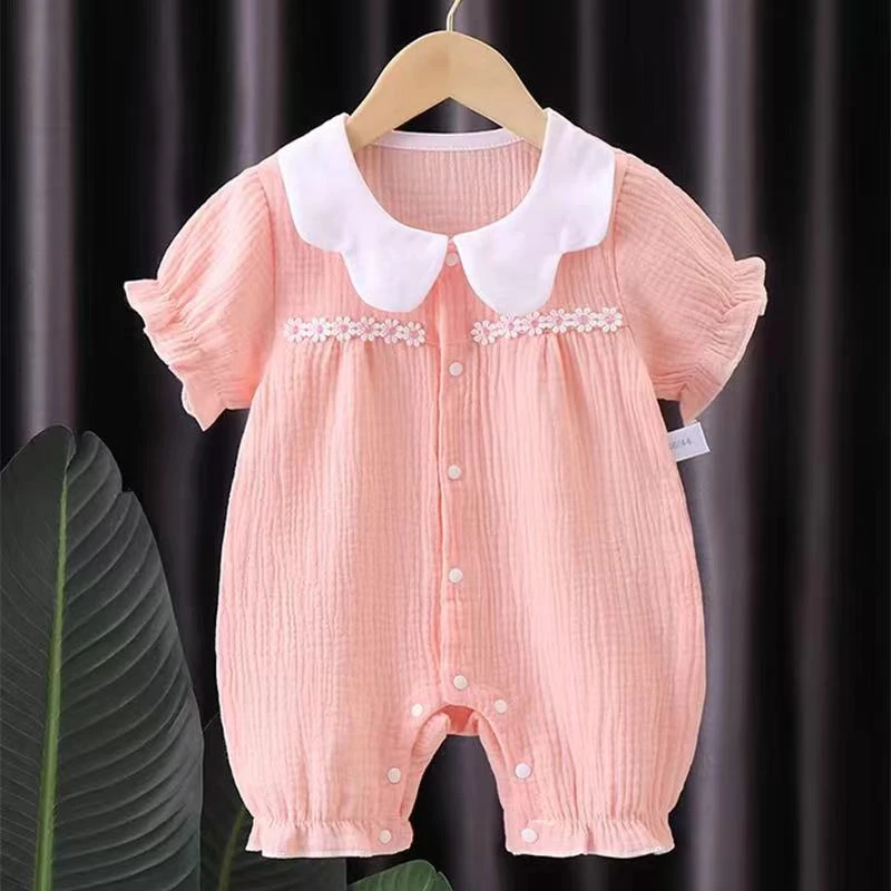 宝宝夏季纱布棉半袖一枝花薄款女宝纯棉连体衣