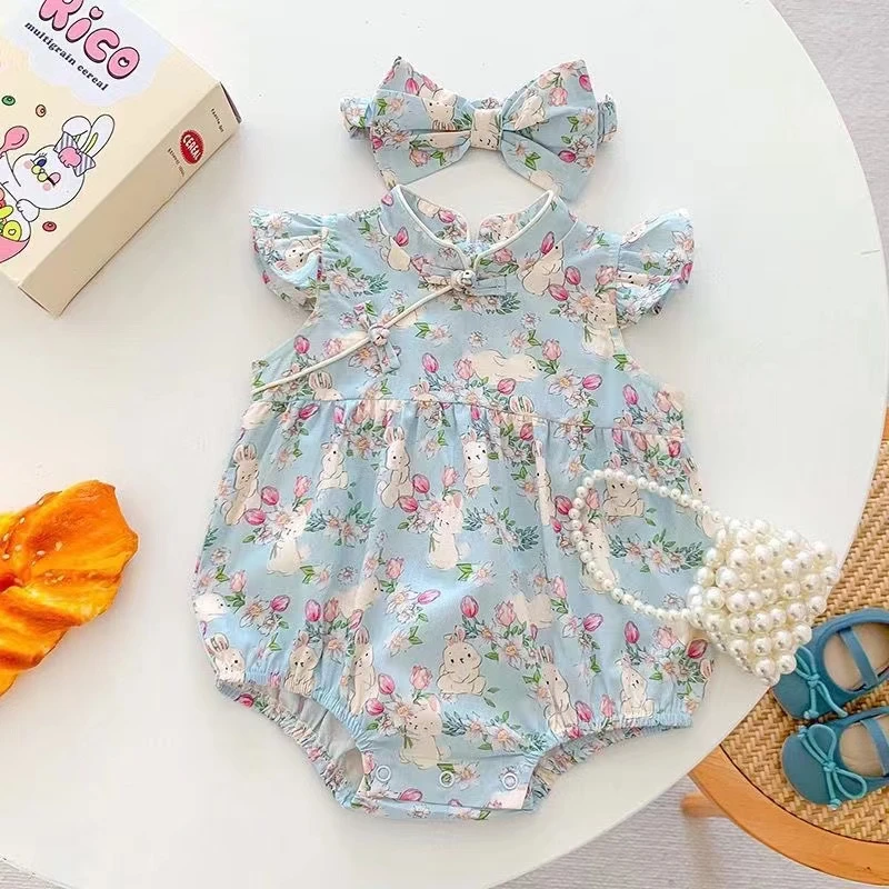 宝宝夏季碎花小兔洋气飞边婴儿包屁衣