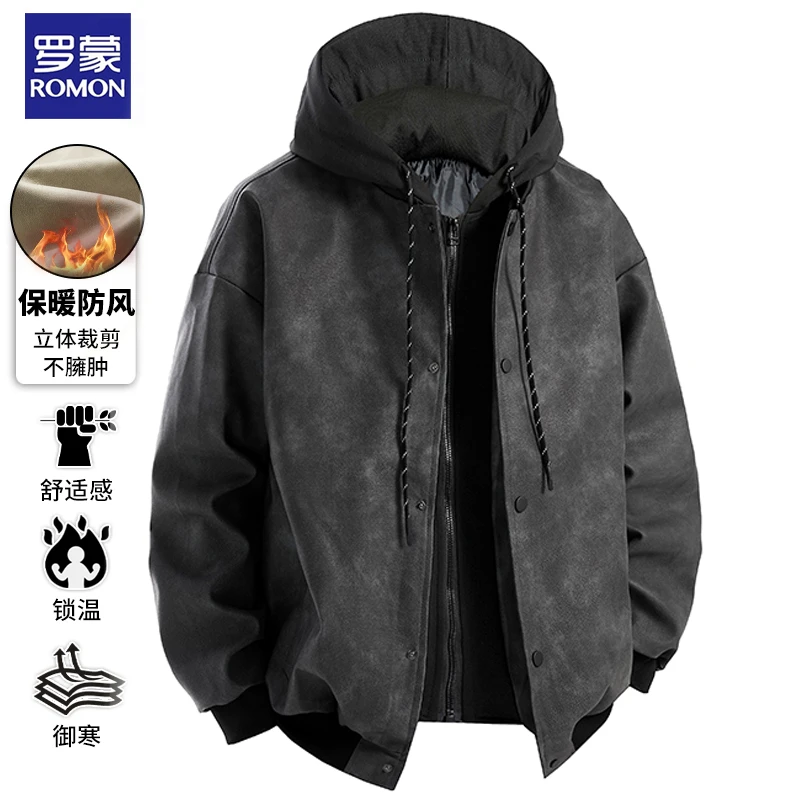 罗蒙皮衣男士2024新款春秋季假两件连帽外套休闲宽松皮夹克上衣