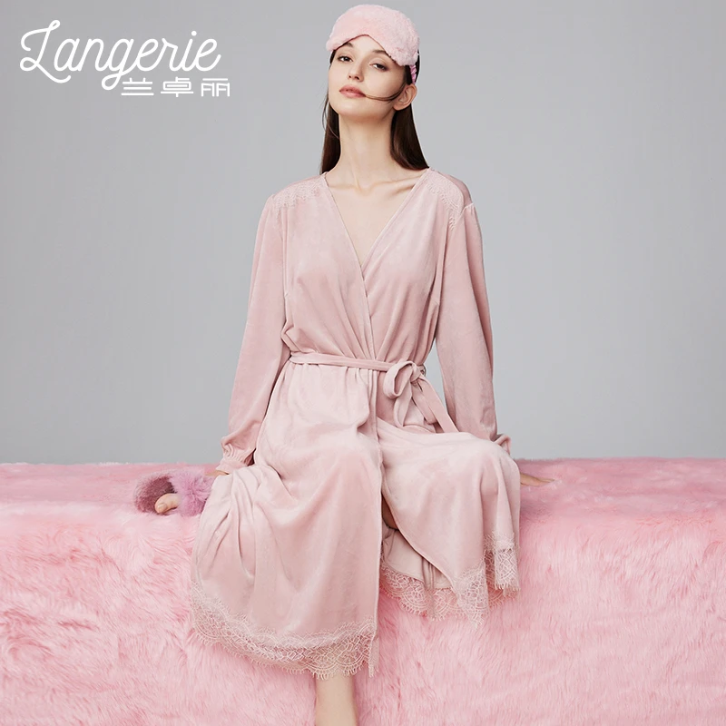 兰卓丽女士开襟长袖睡袍宽松舒适海岛绒家居服保护暖衣秋冬季款