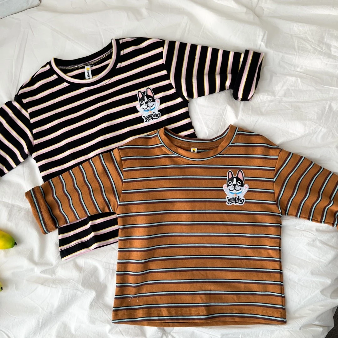 春秋【80，90码】微弹性条纹儿童加单基础搭配韩版T恤长袖时尚撞色