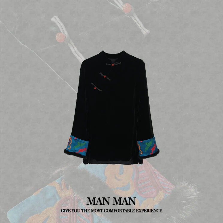 『鸿运』满满出品-新中式丝绒貂毛国风衫24329重工桑蚕丝时尚百搭