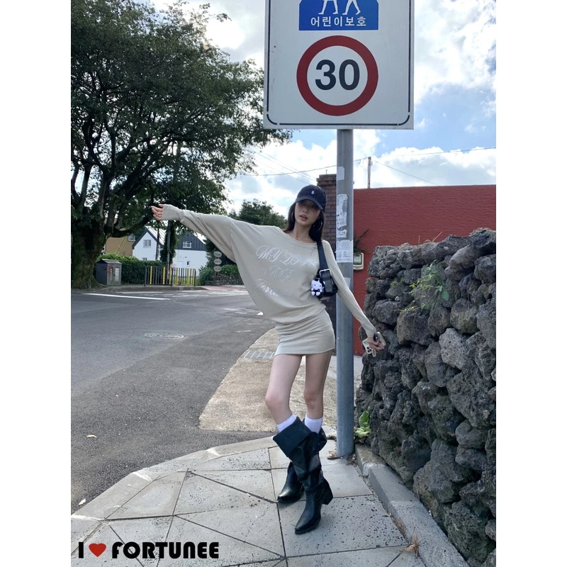 my love for fortunee 原创烫钻不规则斜肩设计感长袖包臀连衣裙
