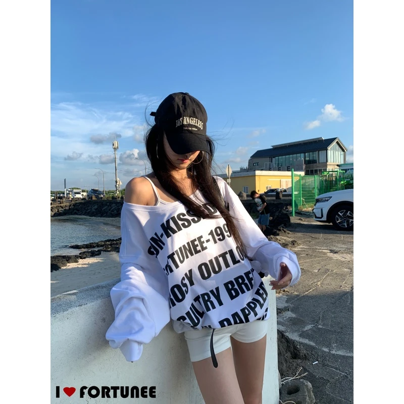 fortunee 原创斜肩满创意直喷字母印花长袖宽松个性卫衣秋季上衣