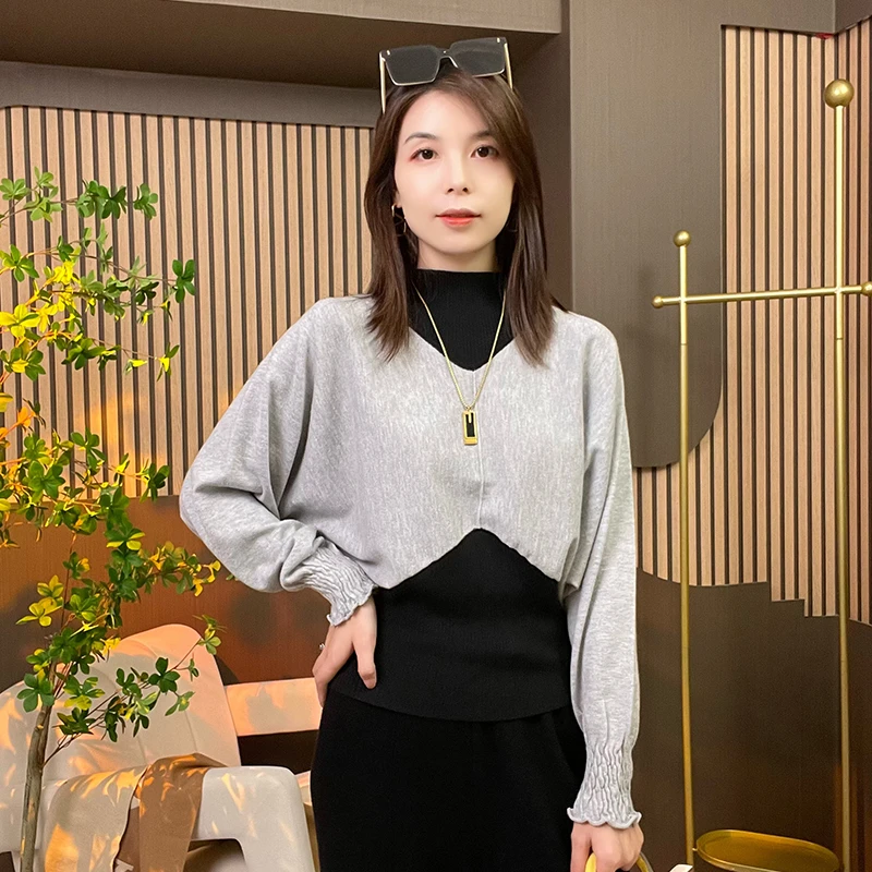 假两件时尚休闲百搭长袖上衣韩版宽松拼接撞色春季拼色高领针织衫