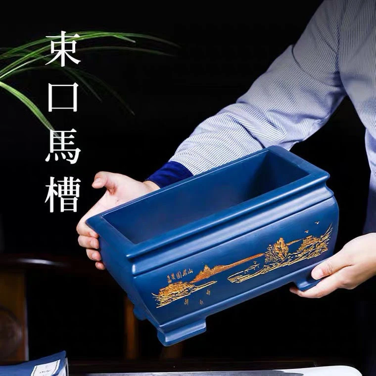 紫砂花盆长方形盆景盆假山造景盆特大盆陶瓷透气老桩盆绿植盆栽盆