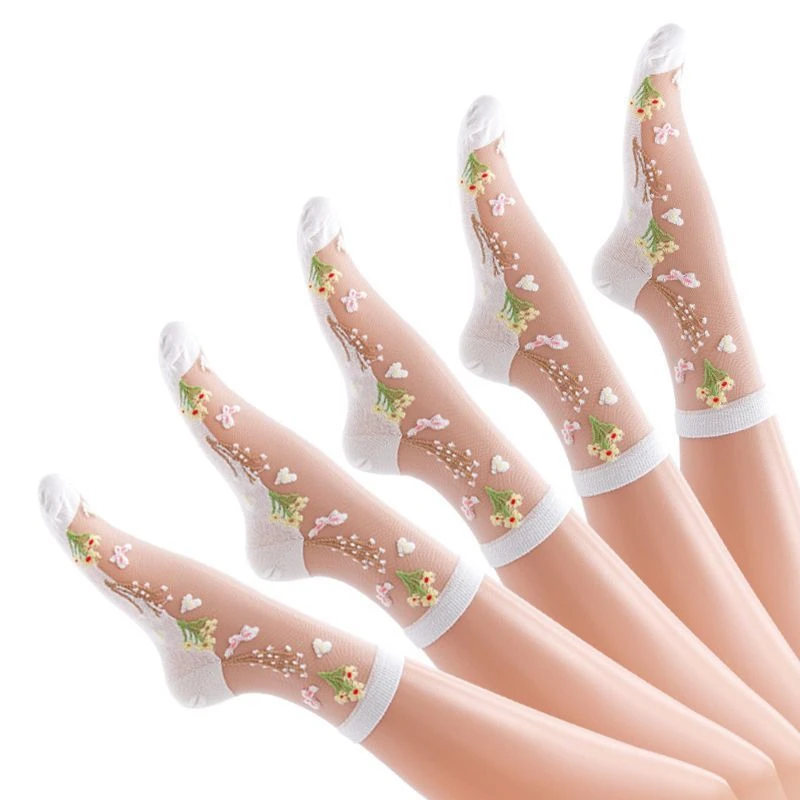 冰丝袜子女中筒薄款透气防滑棉底防勾丝女士高筒水晶丝棉袜夏季