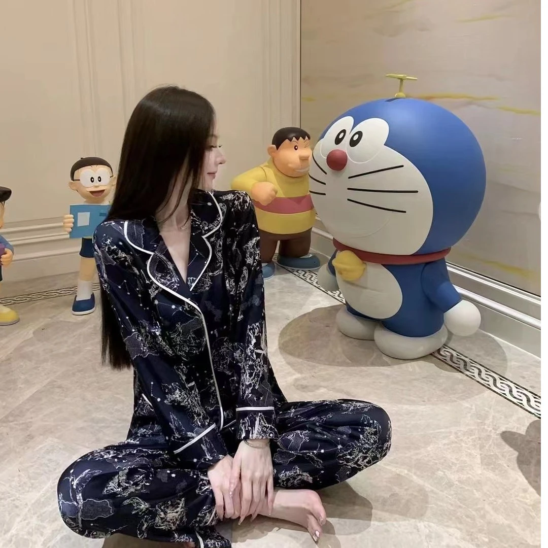 星座花园 轻奢春秋长袖长裤女士睡衣蓝色薄款家居服网红