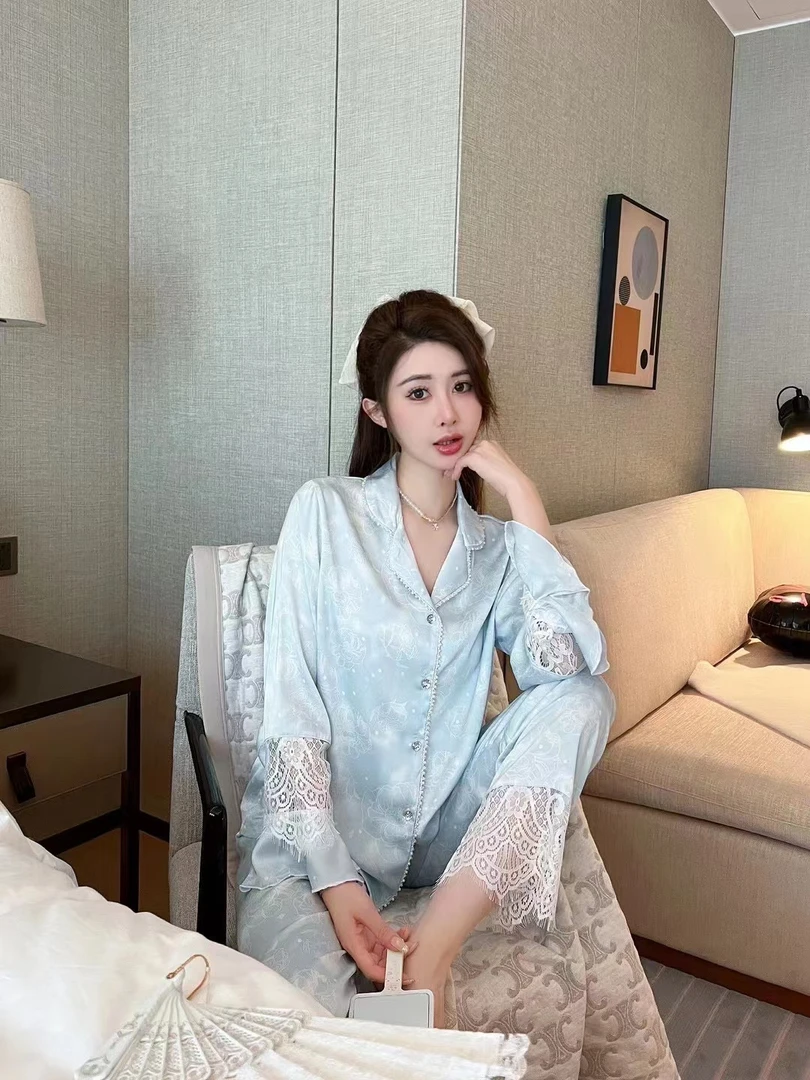 星岛恋屿 高级感蕾丝花边睡衣女柔光丝薄款家居服