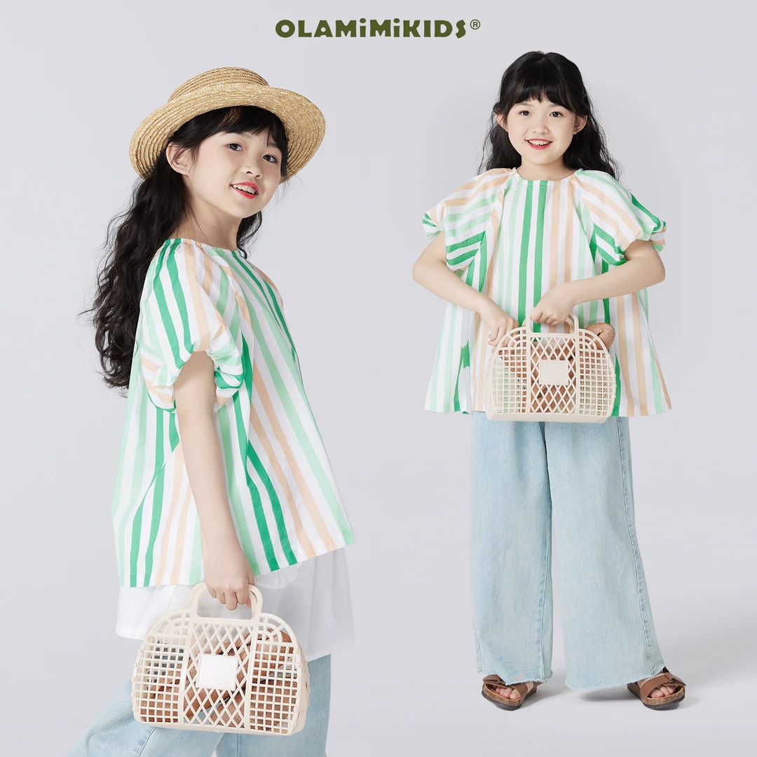 OLAMIMI定制 2024 夏 亲子撞色条纹清爽甜美泡泡袖度假休闲娃娃衫