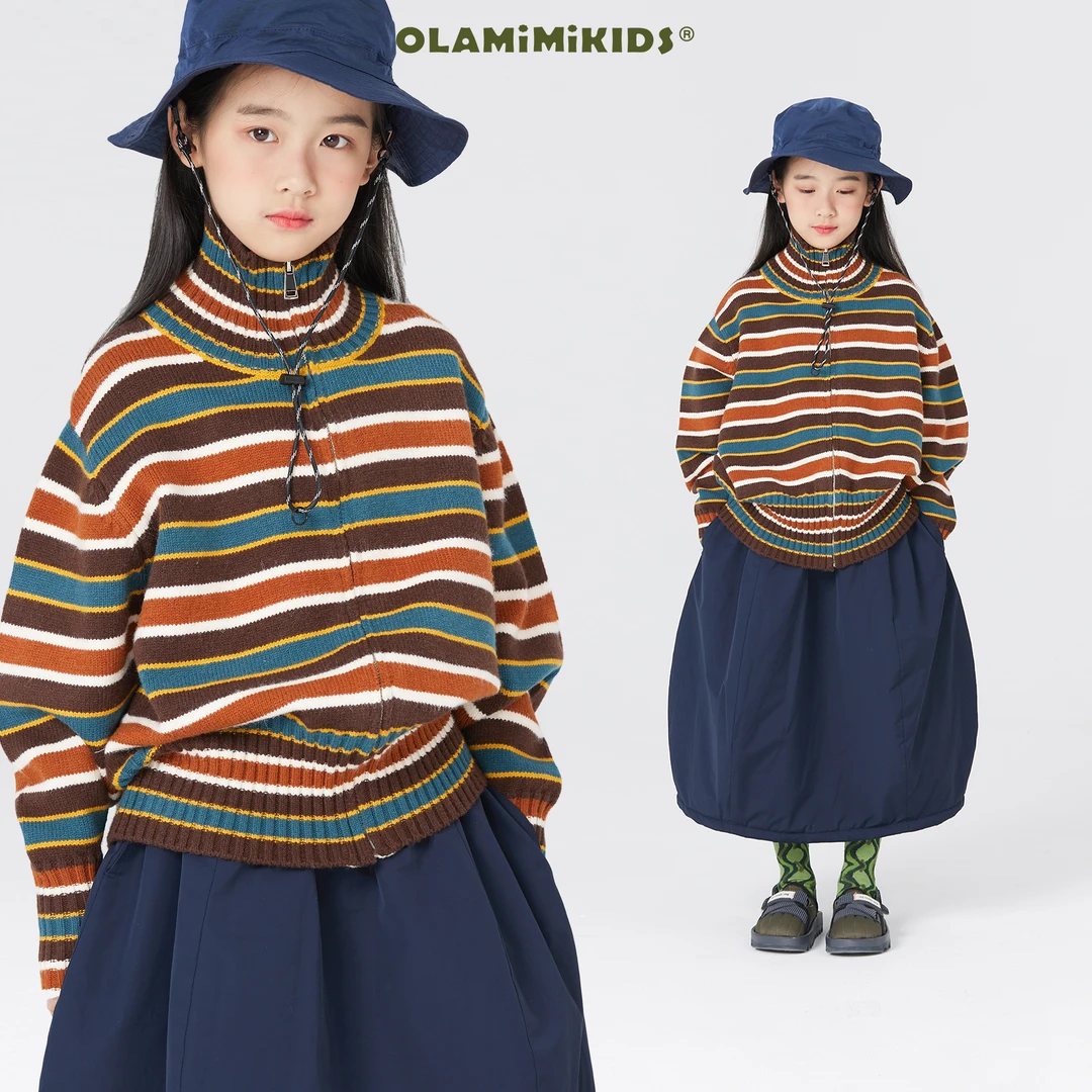 OLAMIMI 231146 亲子撞色条纹复古立领针织宽松毛衣拉链开衫外套