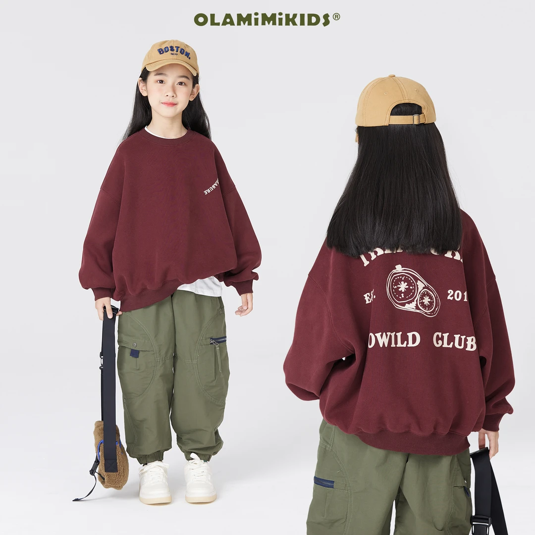 OLAMIMI 231114亲子美式运动复古枣泥红加绒字母宽松休闲百搭卫衣