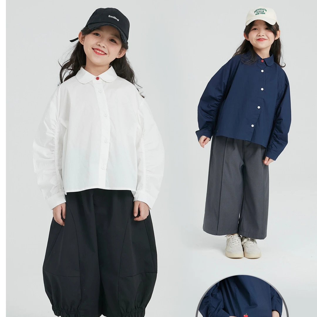 OLAMIMI定制 2023秋亲子特色设计感小众撞色两色刺绣印花上衣衬衫