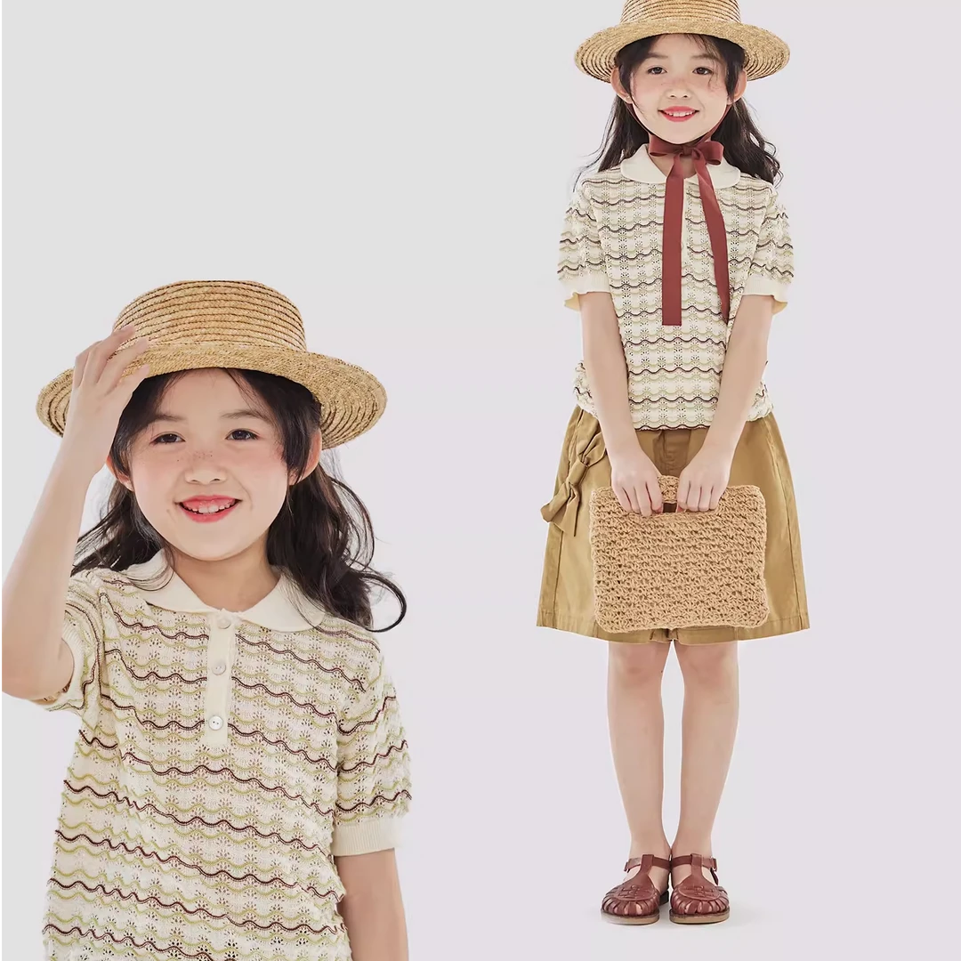 OLAMIMI定制 2023夏亲子轻薄法式复古波浪条纹镂空针织polo衫短袖