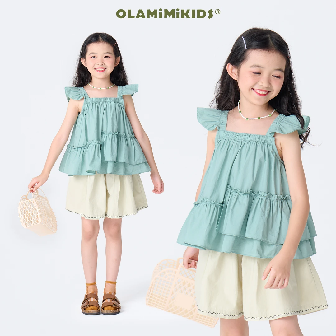 OLAMIMI 定制 2024夏 亲子清爽灵动拼接荷叶边甜美小飞袖背心上衣