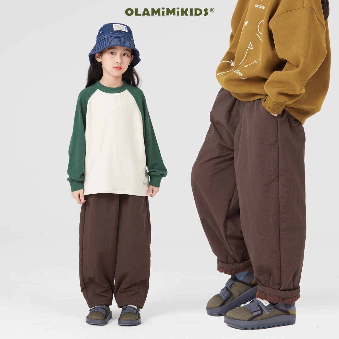 OLAMIMI 231092 冬季 亲子复古特色韩系慵懒风休闲百搭加绒长裤