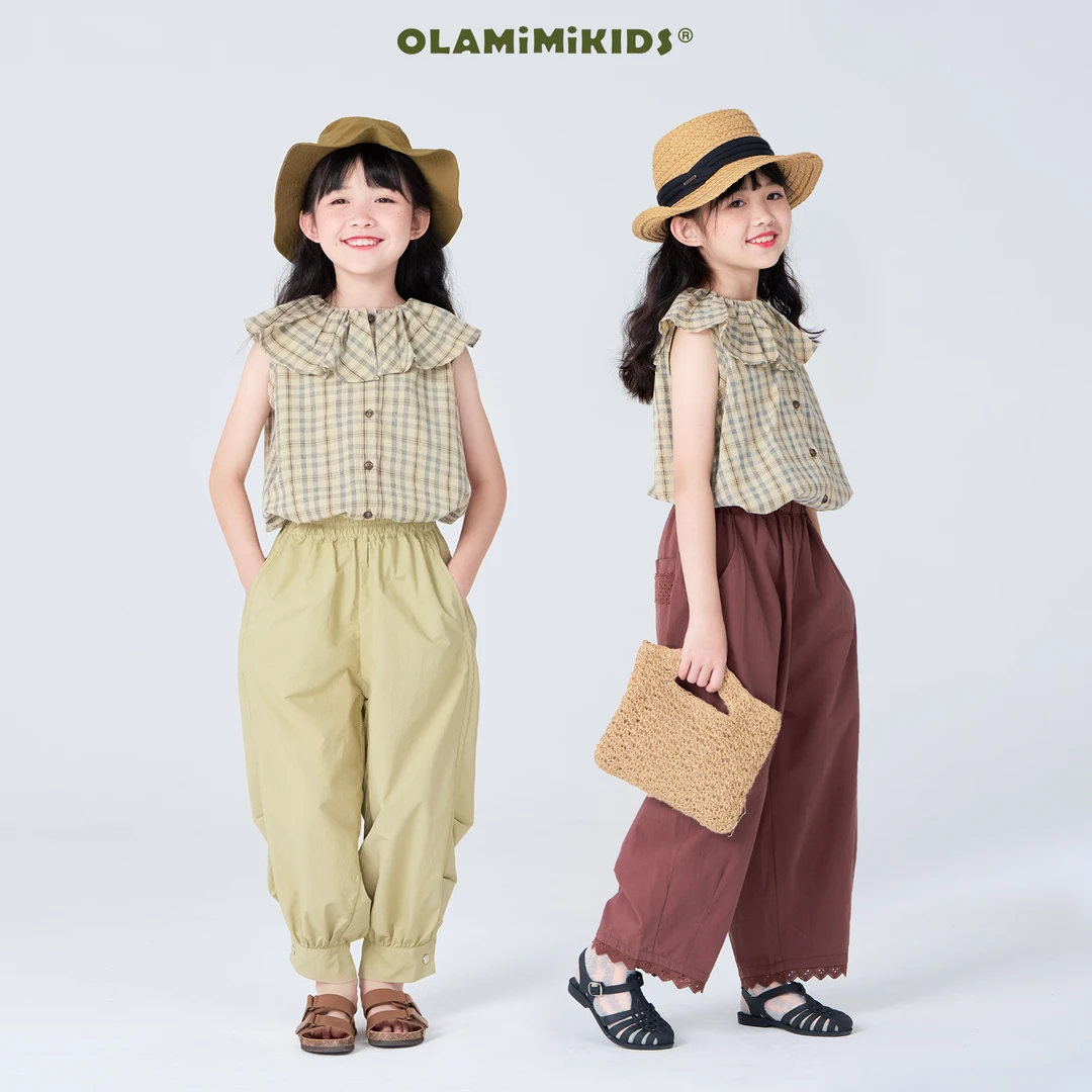 OLAMIMI定制 2024夏亲子森系轻薄荷叶领洋气格纹精致无袖衬衫上衣