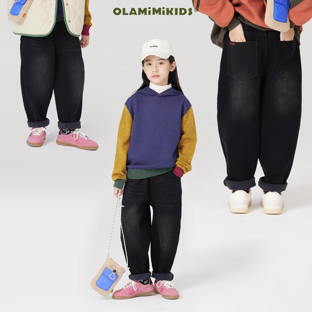 OLAMIMI 231154 2023冬 亲子做旧复古加绒牛仔萝卜裤一体绒长裤