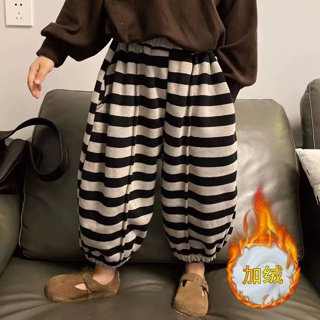儿童加绒条纹休闲裤男女宝宝宽松洋气秋冬哈伦裤童装