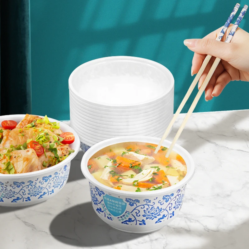 一次性碗筷子套装家用饭碗餐具圆形塑料餐盒汤碗青花打包盒可加热
