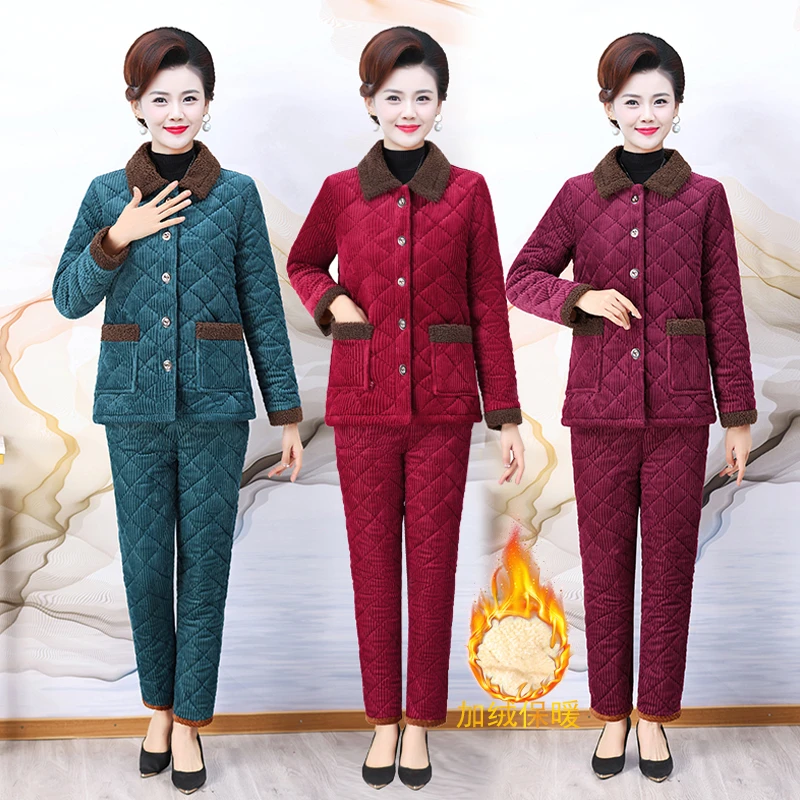 #799冬季新款妈妈装加绒加厚保暖棉衣两件套装时尚减龄棉衣套装