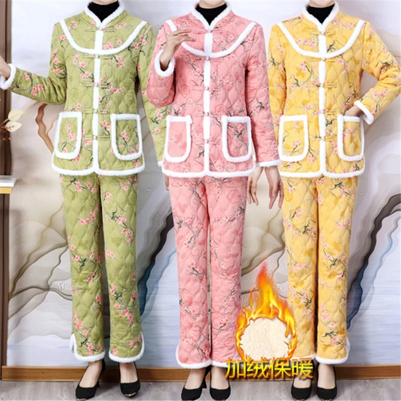 #923新款中老年冬季棉衣加绒保暖棉服上衣棉裤两件套