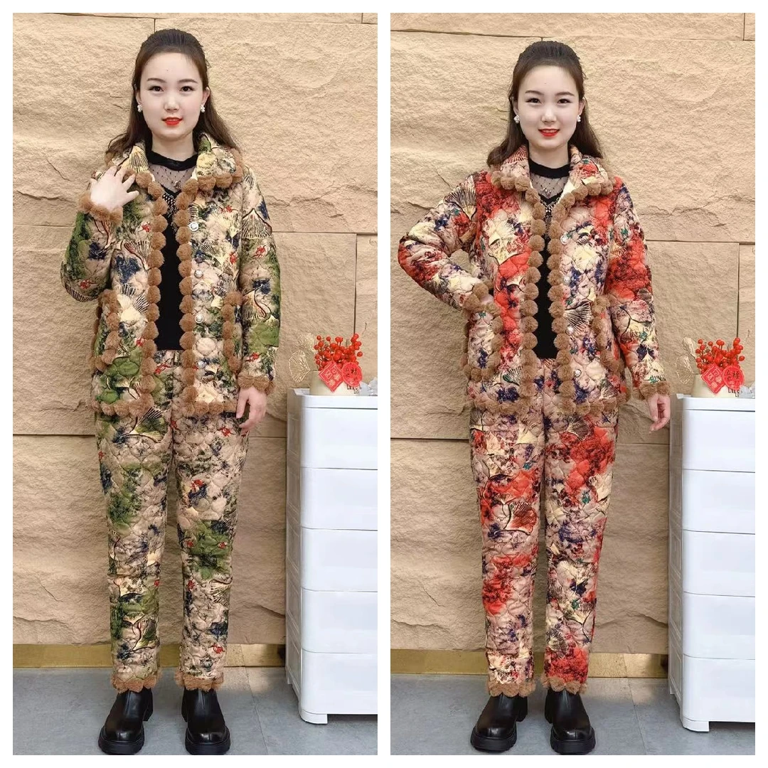 #595妈妈冬装棉衣棉裤睡衣套装中老年人居家服加绒加厚棉袄两件套