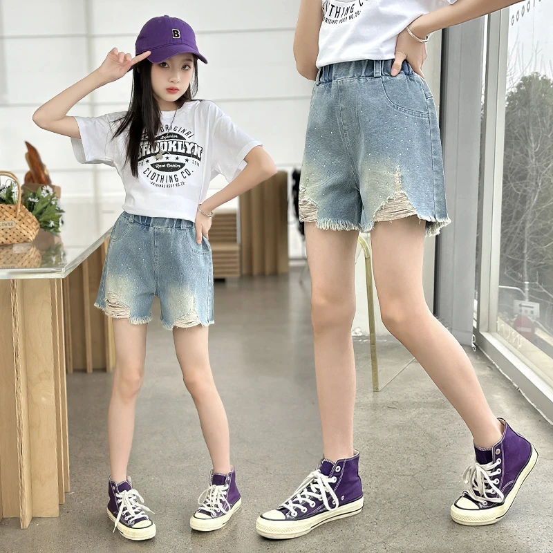 女童短裤夏季薄款女孩夏装2024新款儿童裤子夏款女大童破洞牛仔裤