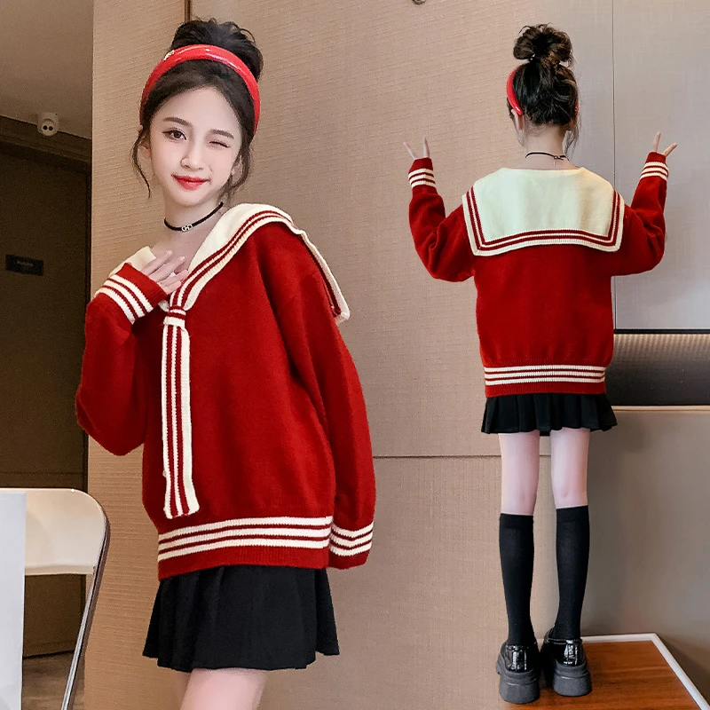 女童红色海军领毛衣秋冬新款加厚针织衫长袖上衣中大童打底衫外穿