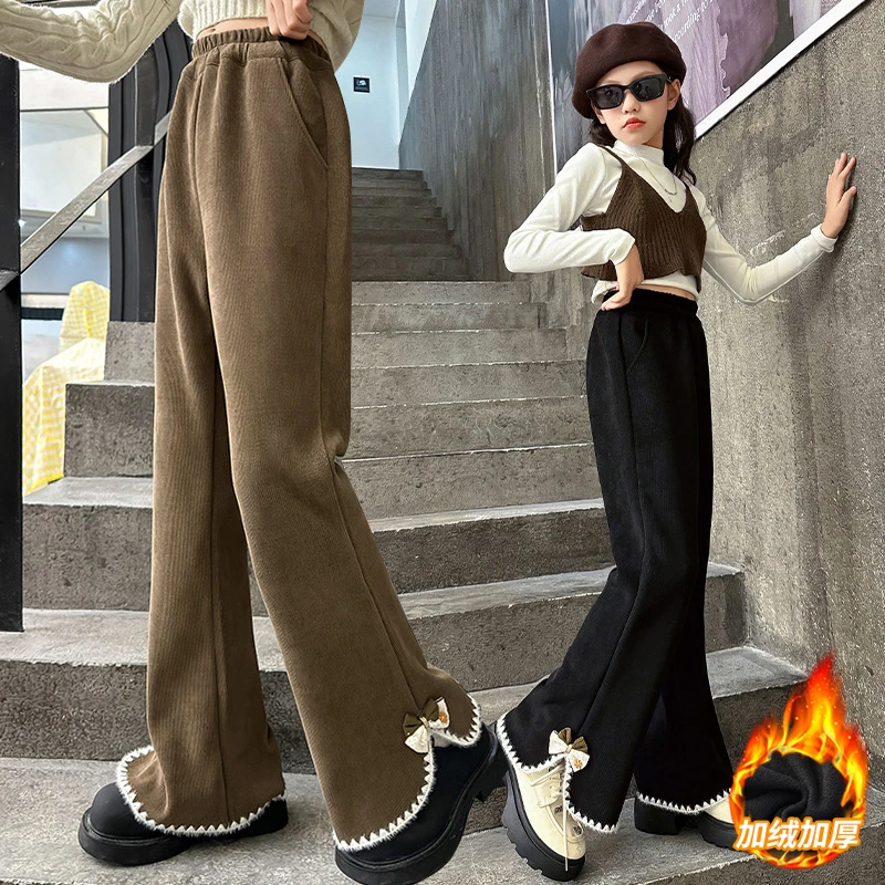 女童加绒裤子秋冬新款洋气中大童加厚一体绒冬季儿童灯芯绒喇叭裤