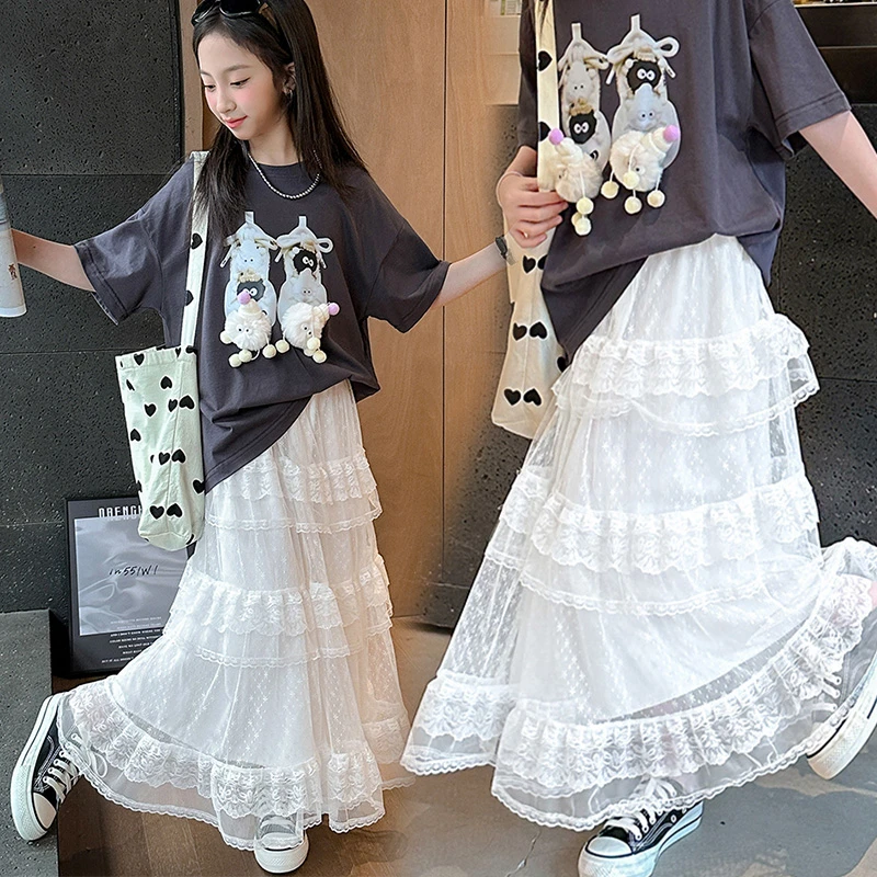 女童半身裙夏季新款网红儿童宽松休闲公主裙大童女孩薄款白色裙子