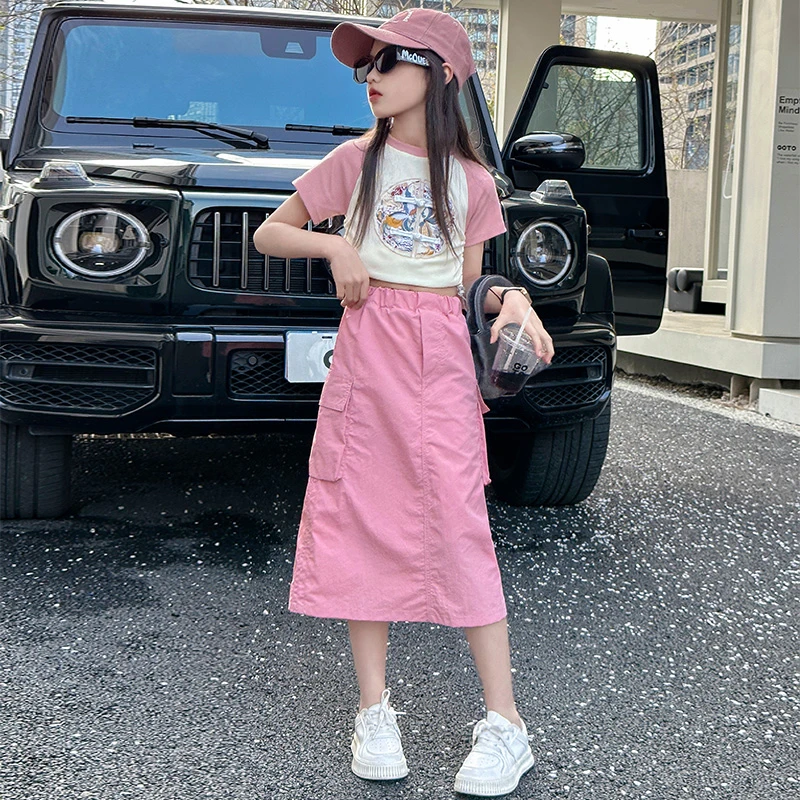 女童半身裙套装夏季新款2024爆款洋气儿童短袖大童女孩夏天两件套