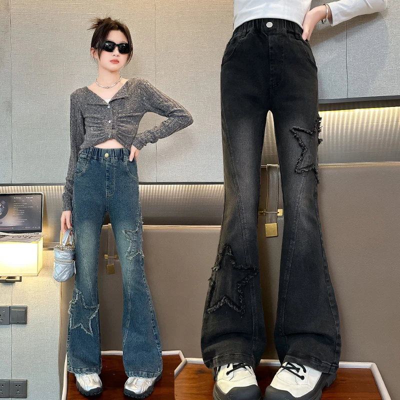 女童裤子春秋外穿2024新款潮中大童高弹休闲喇叭裤秋季儿童牛仔裤